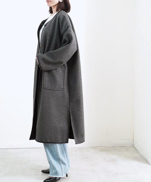 Fizz（フィズ）の「【Fizz/フィズ】　パイピング×フェイクウールロングコート（ノーカラーコート・レディース・ブラック/ベージュ/アイボリー/モカ/キナリ・M）」の7枚目の写真