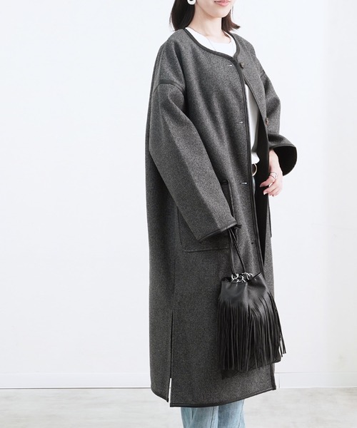 Fizz（フィズ）の「【Fizz/フィズ】　パイピング×フェイクウールロングコート（ノーカラーコート・レディース・ブラック/ベージュ/アイボリー/モカ/キナリ・M）」の20枚目の写真