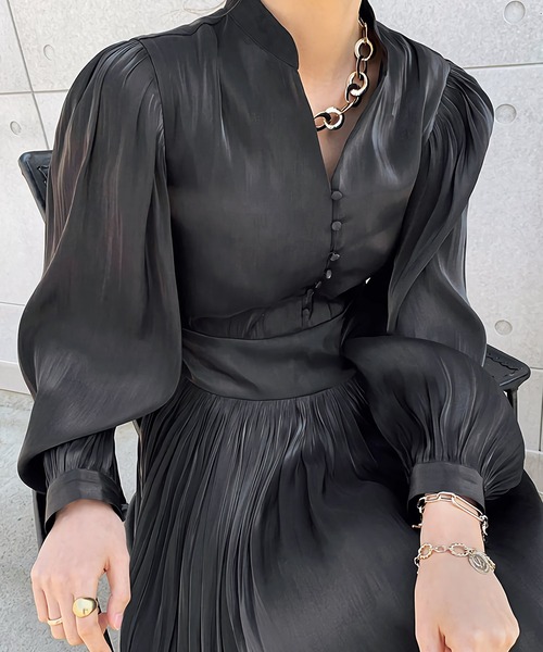 Dita Muaj.(ディータムアージュ)の「スタンドカラーシングルブレストグロスワンピース(ワンピース・レディース・ブラック/アイボリー/グレイッシュブルー・FREE)」の13枚目の写真