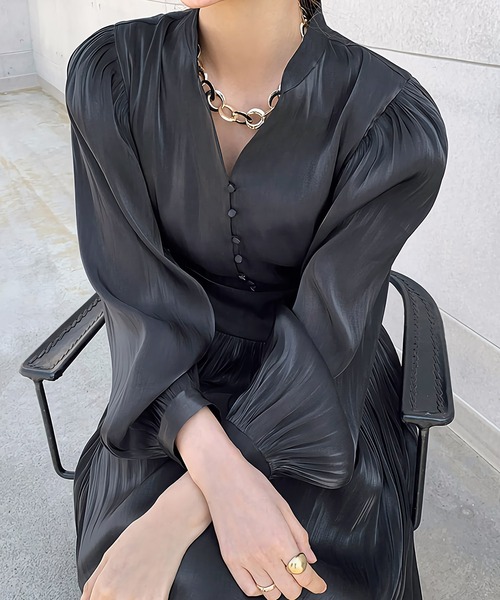 Dita Muaj.(ディータムアージュ)の「スタンドカラーシングルブレストグロスワンピース(ワンピース・レディース・ブラック/アイボリー/グレイッシュブルー・FREE)」の15枚目の写真