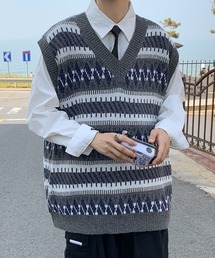 Vネックデザイン柄ニットベスト