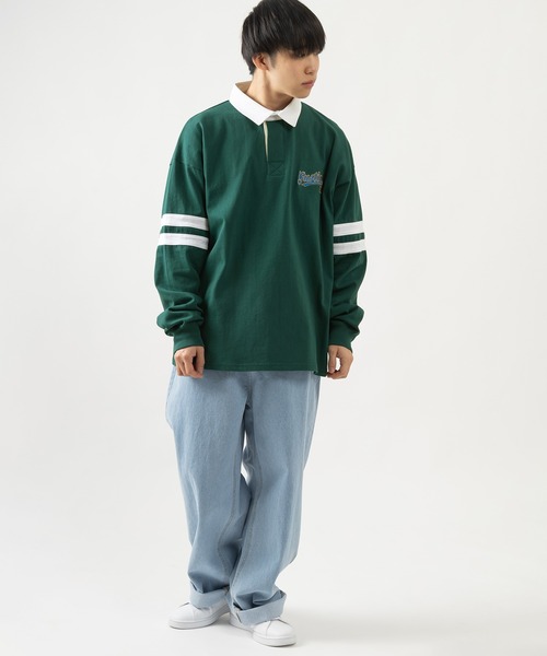 SlashDate(スラッシュデイト)の「袖ラインワンポイント刺繍ラガーシャツ/カレッジロゴ/オーバーサイズ(ポロシャツ・メンズ・ネイビー/グリーン/チャコールグレー・M/L)」の11枚目の写真