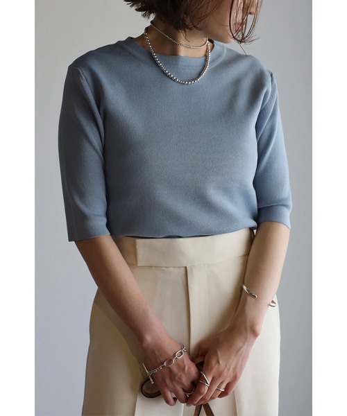 Bonjour Sagan(ボンジュールサガン)の「ダイバーニットT(Tシャツ/カットソー・レディース・ブラック/オフホワイト/カーキ/サックスブルー・FREE)」の4枚目の写真