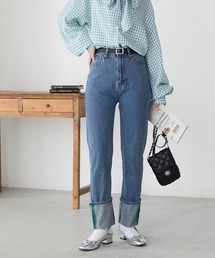 カラーステッチロールアップハイウエストデニムパンツ