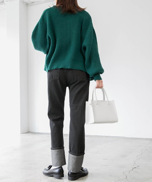 セール】カラーステッチロールアップハイウエストデニムパンツ