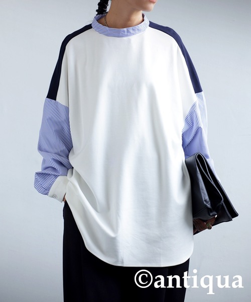 antiqua(アンティカ)の「異素材切替えプルオーバー(Tシャツ/カットソー・レディース・オフホワイト/ブラック・FREE)」の4枚目の写真
