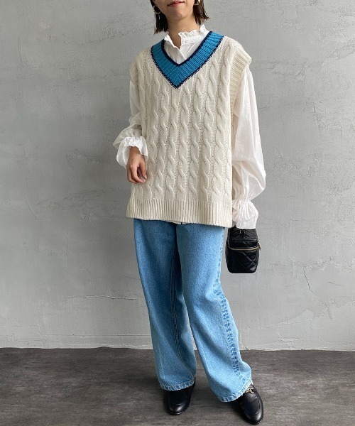 THE SHINZONE（ザ　シンゾーン）の「[THE SHINZONE/ザ シンゾーン] チルデン Vネックニットベスト（ベスト・レディース・ホワイト/グリーン・F）」の9枚目の写真