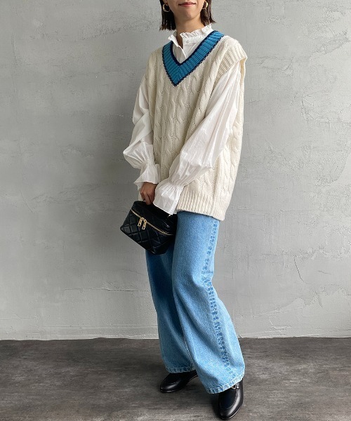 THE SHINZONE（ザ　シンゾーン）の「[THE SHINZONE/ザ シンゾーン] チルデン Vネックニットベスト（ベスト・レディース・ホワイト/グリーン・F）」の6枚目の写真