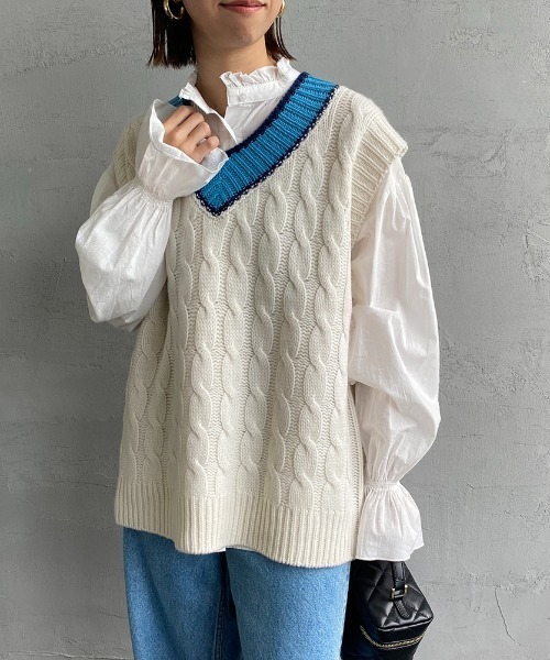 THE SHINZONE（ザ　シンゾーン）の「[THE SHINZONE/ザ シンゾーン] チルデン Vネックニットベスト（ベスト・レディース・ホワイト/グリーン・F）」の19枚目の写真