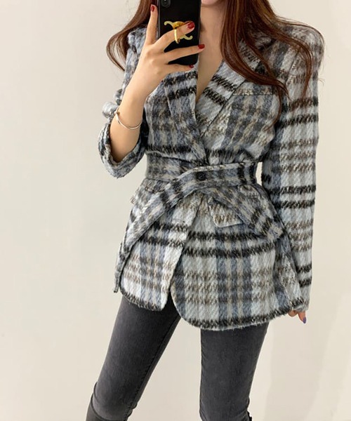 Girly Doll(ガーリードール)の「裏起毛ウエストベルトチェックジャケット(テーラードジャケット・レディース・ピンク/ブルー・S/M)」の8枚目の写真