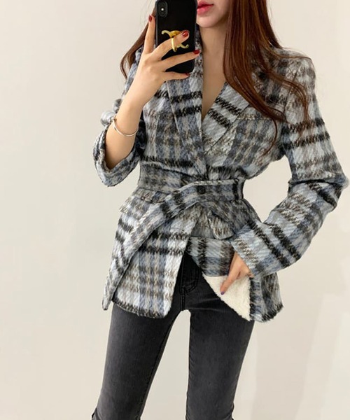 Girly Doll(ガーリードール)の「裏起毛ウエストベルトチェックジャケット(テーラードジャケット・レディース・ピンク/ブルー・S/M)」の9枚目の写真