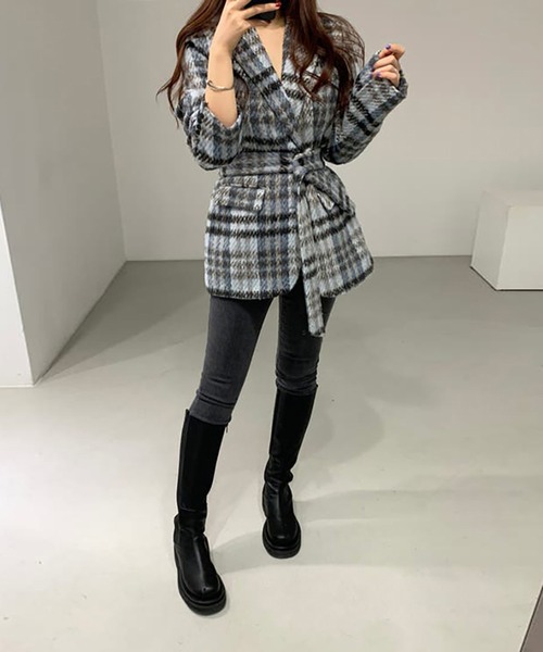 Girly Doll(ガーリードール)の「裏起毛ウエストベルトチェックジャケット(テーラードジャケット・レディース・ピンク/ブルー・S/M)」の12枚目の写真