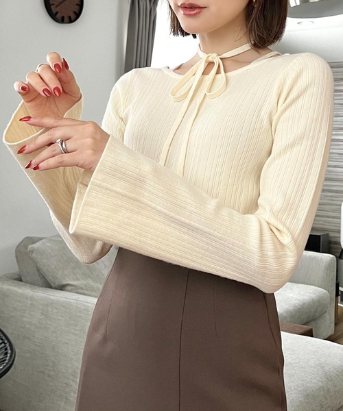 KOBE LETTUCE（コウベレタス）の「[ SAORIさんコラボ ] 2wayリボンタイリブニットトップス（ニット/セーター・レディース・ブラック/アイボリー・M/S）」の8枚目の写真