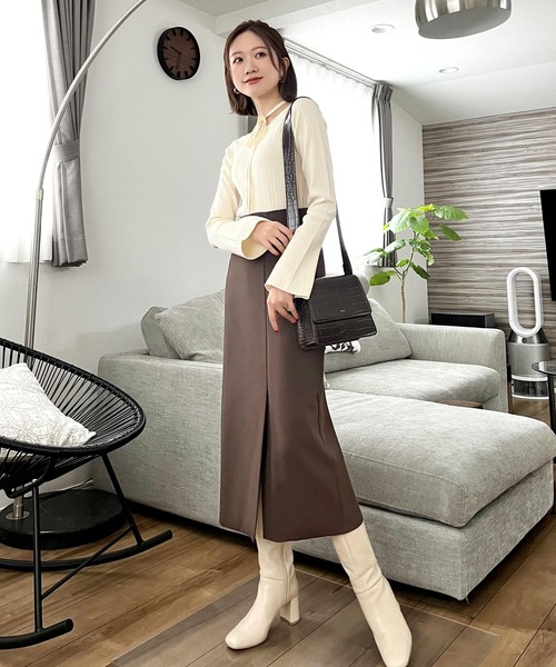 KOBE LETTUCE（コウベレタス）の「[ SAORIさんコラボ ] 2wayリボンタイリブニットトップス（ニット/セーター・レディース・ブラック/アイボリー・M/S）」の9枚目の写真