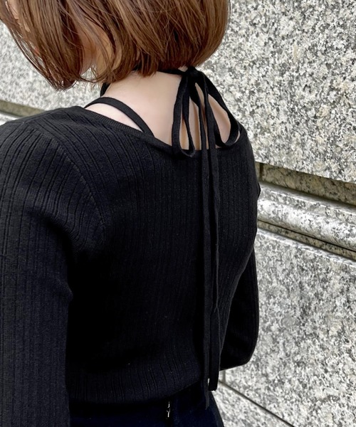 KOBE LETTUCE（コウベレタス）の「[ SAORIさんコラボ ] 2wayリボンタイリブニットトップス（ニット/セーター・レディース・ブラック/アイボリー・M/S）」の11枚目の写真