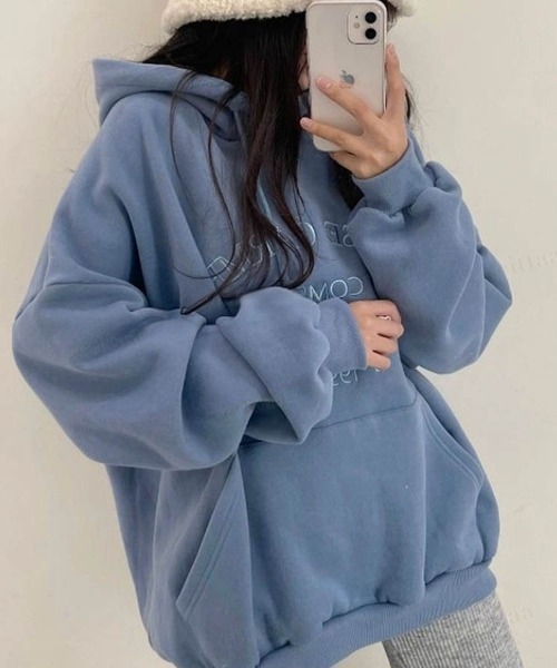 Dalfwin（ダールフィン）の「2023新作 韓国ファッション スウェット レディース　裏起毛あり　LOOSE刺繍ロゴフーディー パーカー　オーバーサイズ ビッグシルエット 2023AW 秋冬新作（パーカー・レディース・ライトブルー/クリーム/ピンク・FREE）」の6枚目の写真