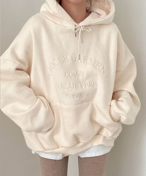 Dalfwin（ダールフィン）の「2023新作 韓国ファッション スウェット レディース　裏起毛あり　LOOSE刺繍ロゴフーディー パーカー　オーバーサイズ ビッグシルエット 2023AW 秋冬新作（パーカー・レディース・ライトブルー/クリーム/ピンク・FREE）」の8枚目の写真