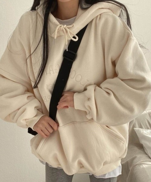 Dalfwin（ダールフィン）の「2023新作 韓国ファッション スウェット レディース　裏起毛あり　LOOSE刺繍ロゴフーディー パーカー　オーバーサイズ ビッグシルエット 2023AW 秋冬新作（パーカー・レディース・ライトブルー/クリーム/ピンク・FREE）」の10枚目の写真