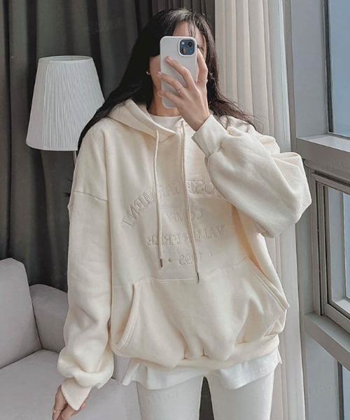 Dalfwin（ダールフィン）の「2023新作 韓国ファッション スウェット レディース　裏起毛あり　LOOSE刺繍ロゴフーディー パーカー　オーバーサイズ ビッグシルエット 2023AW 秋冬新作（パーカー・レディース・ライトブルー/クリーム/ピンク・FREE）」の13枚目の写真