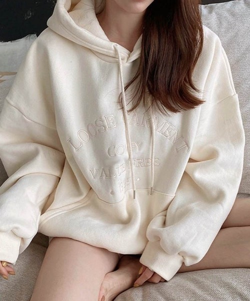 Dalfwin（ダールフィン）の「2023新作 韓国ファッション スウェット レディース　裏起毛あり　LOOSE刺繍ロゴフーディー パーカー　オーバーサイズ ビッグシルエット 2023AW 秋冬新作（パーカー・レディース・ライトブルー/クリーム/ピンク・FREE）」の11枚目の写真