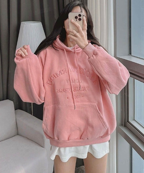 Dalfwin（ダールフィン）の「2023新作 韓国ファッション スウェット レディース　裏起毛あり　LOOSE刺繍ロゴフーディー パーカー　オーバーサイズ ビッグシルエット 2023AW 秋冬新作（パーカー・レディース・ライトブルー/クリーム/ピンク・FREE）」の19枚目の写真