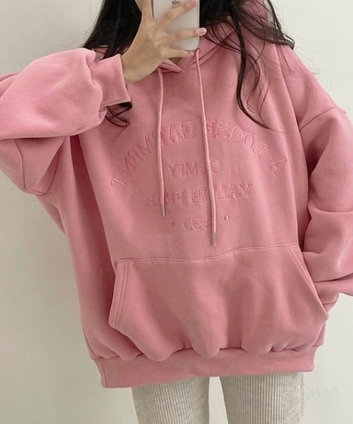 Dalfwin（ダールフィン）の「2023新作 韓国ファッション スウェット レディース　裏起毛あり　LOOSE刺繍ロゴフーディー パーカー　オーバーサイズ ビッグシルエット 2023AW 秋冬新作（パーカー・レディース・ライトブルー/クリーム/ピンク・FREE）」の18枚目の写真