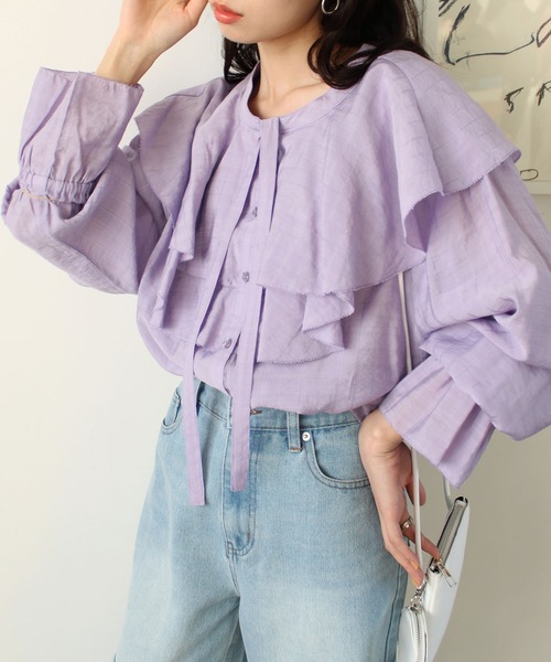 2023SS柔らかストライプ柄フリルブラウス