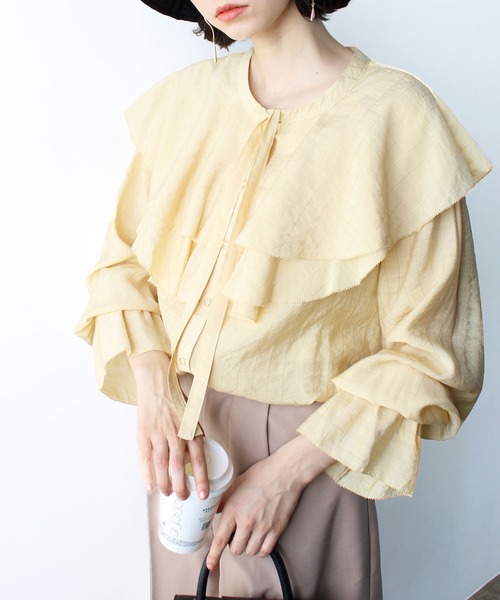 2023SS柔らかストライプ柄フリルブラウス