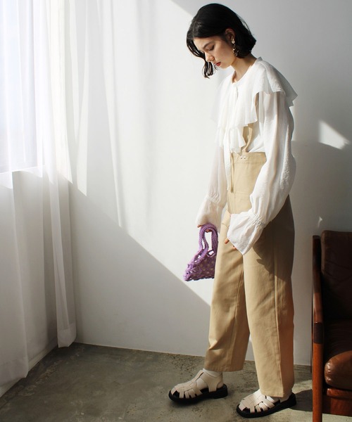 2023SS柔らかストライプ柄フリルブラウス