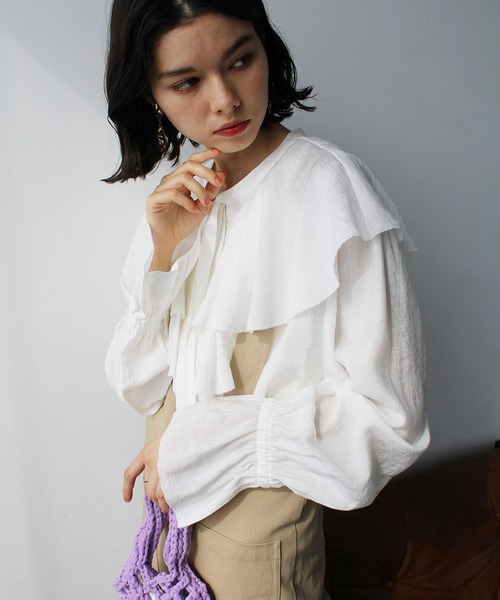 2023SS柔らかストライプ柄フリルブラウス