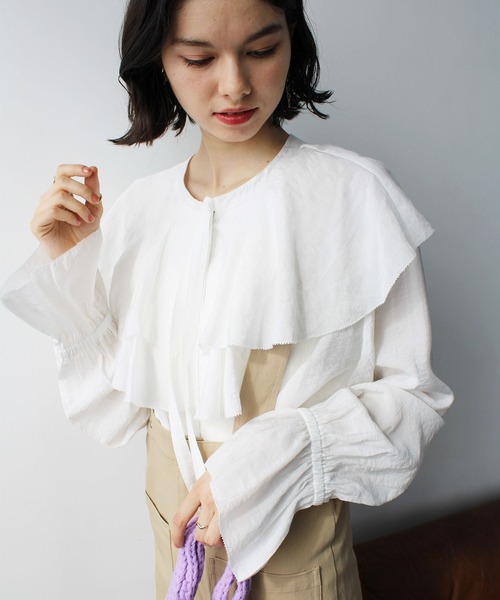 2023SS柔らかストライプ柄フリルブラウス