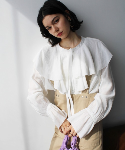 2023SS柔らかストライプ柄フリルブラウス