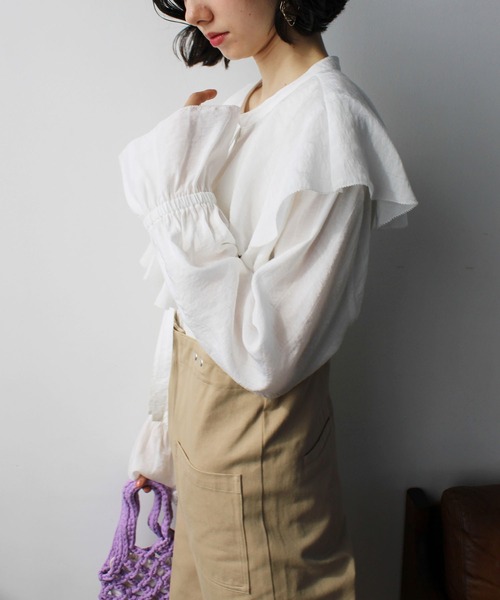 2023SS柔らかストライプ柄フリルブラウス