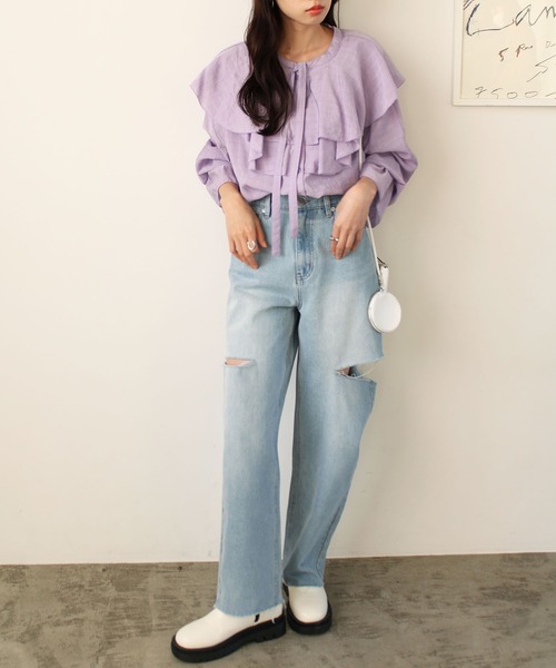 2023SS柔らかストライプ柄フリルブラウス