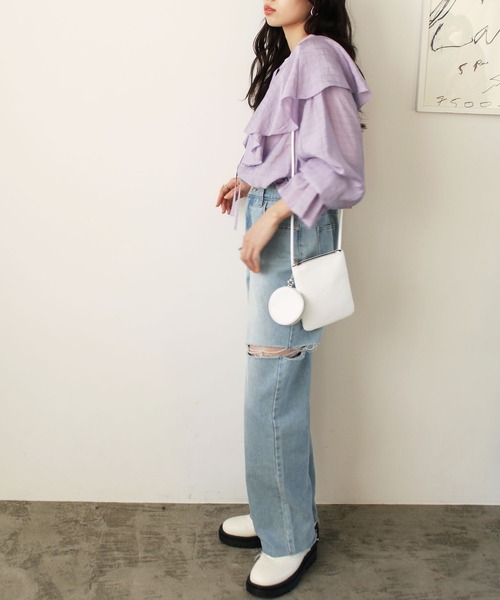 2023SS柔らかストライプ柄フリルブラウス