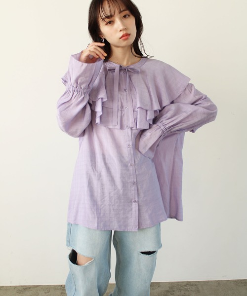 2023SS柔らかストライプ柄フリルブラウス