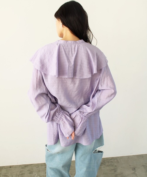 2023SS柔らかストライプ柄フリルブラウス