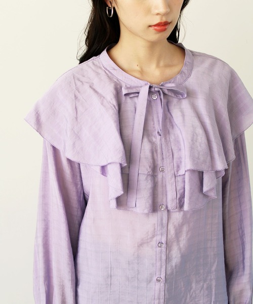 2023SS柔らかストライプ柄フリルブラウス