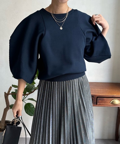 DouDou(ドゥドゥ)の「【WEB限定】ボリュームパフニット(ニット/セーター・レディース・ネイビー/オフホワイト/ピンク・FREE)」の8枚目の写真