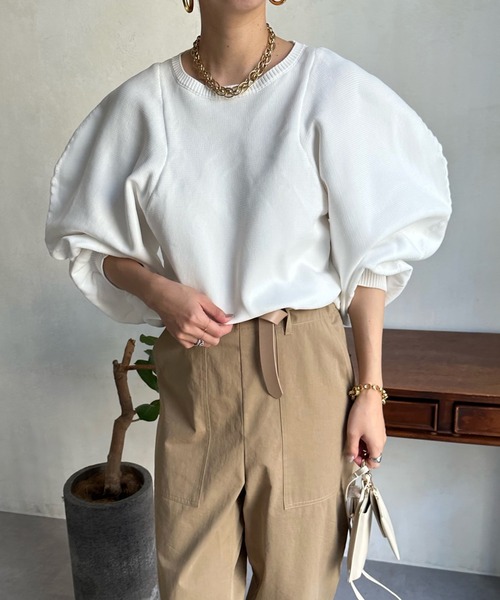 DouDou(ドゥドゥ)の「【WEB限定】ボリュームパフニット(ニット/セーター・レディース・ネイビー/オフホワイト/ピンク・FREE)」の17枚目の写真