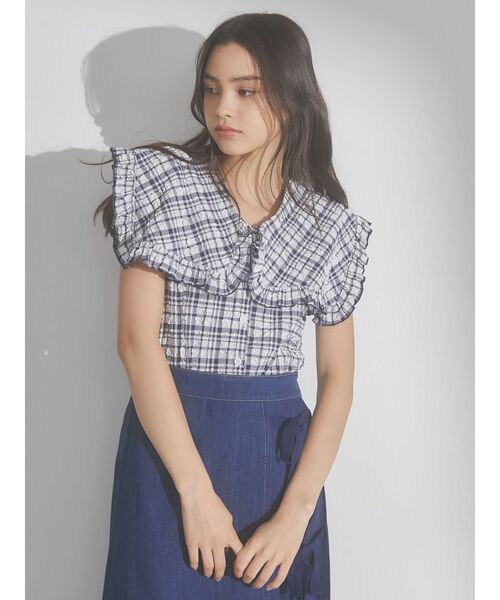 merry jenny（メリージェニー）の「checkスクエアカラーブラウス（シャツ/ブラウス・レディース・ブルー/オフホワイト/ネイビー・FREE）」の4枚目の写真