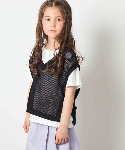 a.v.v（アーヴェヴェ）の「[140-150]【2点セット】サイドリボンメッシュニットベストセット（ベスト・キッズ・ブラック/アイボリー・140/150）」の2枚目の写真