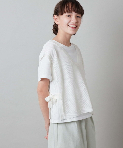 a.v.v（アーヴェヴェ）の「[140-150]【2点セット】サイドリボンメッシュニットベストセット（ベスト・キッズ・ブラック/アイボリー・140/150）」の4枚目の写真