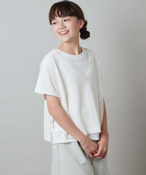 a.v.v（アーヴェヴェ）の「[140-150]【2点セット】サイドリボンメッシュニットベストセット（ベスト・キッズ・ブラック/アイボリー・140/150）」の9枚目の写真