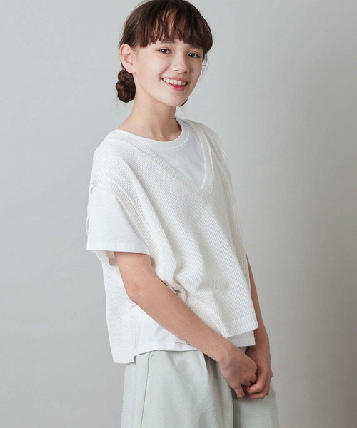 a.v.v（アーヴェヴェ）の「[140-150]【2点セット】サイドリボンメッシュニットベストセット（ベスト・キッズ・ブラック/アイボリー・140/150）」の6枚目の写真