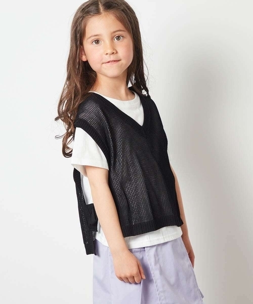 a.v.v（アーヴェヴェ）の「[140-150]【2点セット】サイドリボンメッシュニットベストセット（ベスト・キッズ・ブラック/アイボリー・140/150）」の3枚目の写真