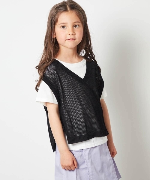 a.v.v（アーヴェヴェ）の「[140-150]【2点セット】サイドリボンメッシュニットベストセット（ベスト・キッズ・ブラック/アイボリー・140/150）」の5枚目の写真