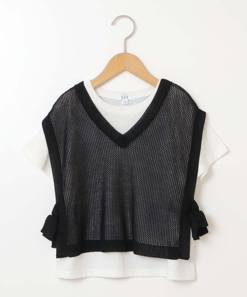 a.v.v（アーヴェヴェ）の「[140-150]【2点セット】サイドリボンメッシュニットベストセット（ベスト・キッズ・ブラック/アイボリー・140/150）」の16枚目の写真
