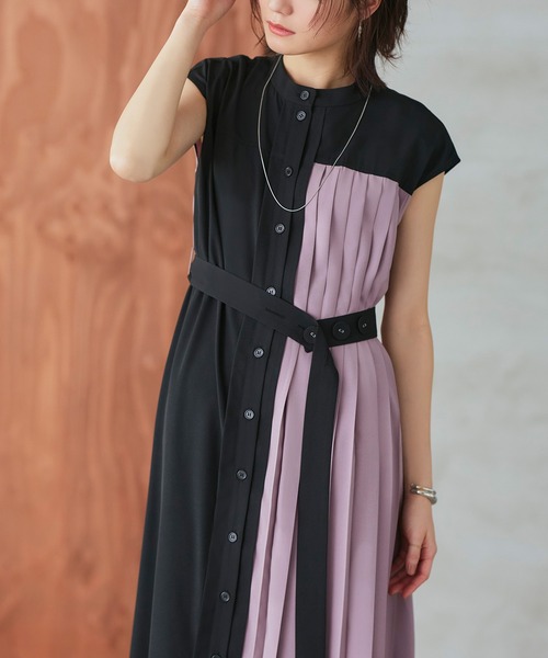 RUIRUE BOUTIQUE（ルイルエブティック）の「プリーツパネル・フレンチスリーブ ロングワンピース（ワンピース・レディース・ブラック/ブラック×ブルー/ブラック×ベージュ/ブラック×カーキ/ロイヤルブルー/ブラック×ピンク・S/M/L/LL/3L/4L/5L）」の9枚目の写真