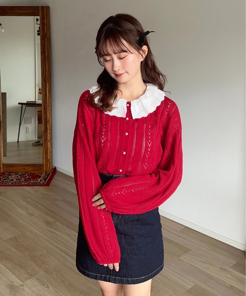 apres jour by あかちゃす（アプレジュールバイアカチャス）の「【あかちゃすコラボアイテム】コットンレースフリルニットカーデ【ZOZOTOWN限定アイテム】（カーディガン/ボレロ・レディース・グレー/レッド/ピンク・フリー/X-LARGE）」の11枚目の写真